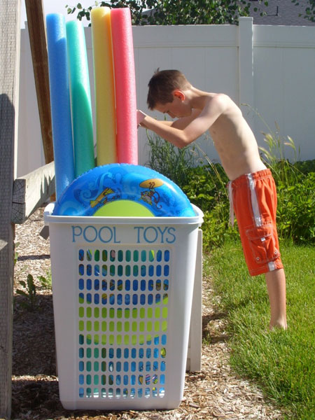 Laundry basket used for pool float storage