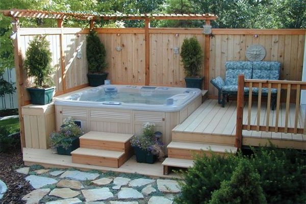 hot tub deck wood surround, off master bedroom