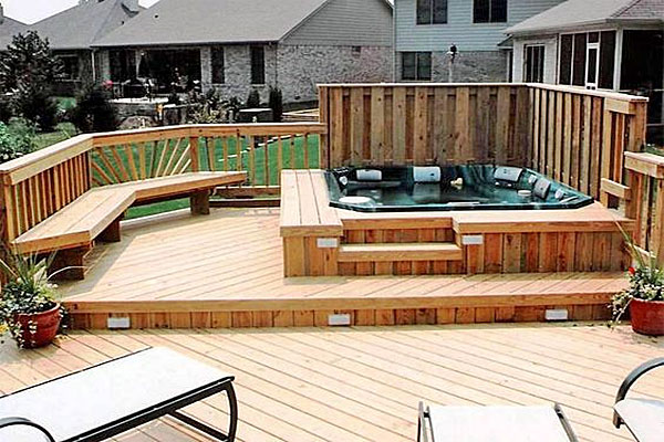 wood hot-tub-surround and deck with seating and privacy wall