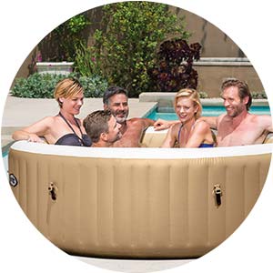 people enjoying an inflatable hot tub