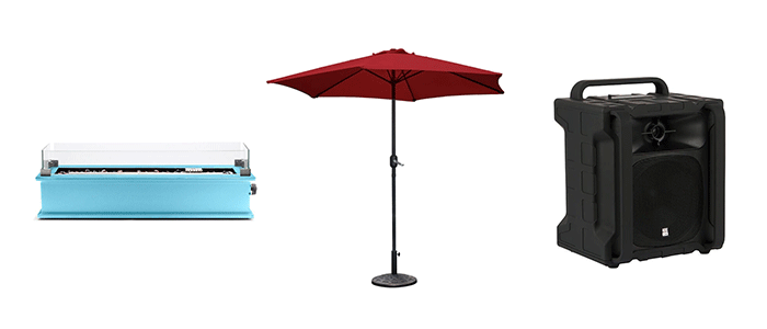 Fire pit, umbrella, waterproof speaker