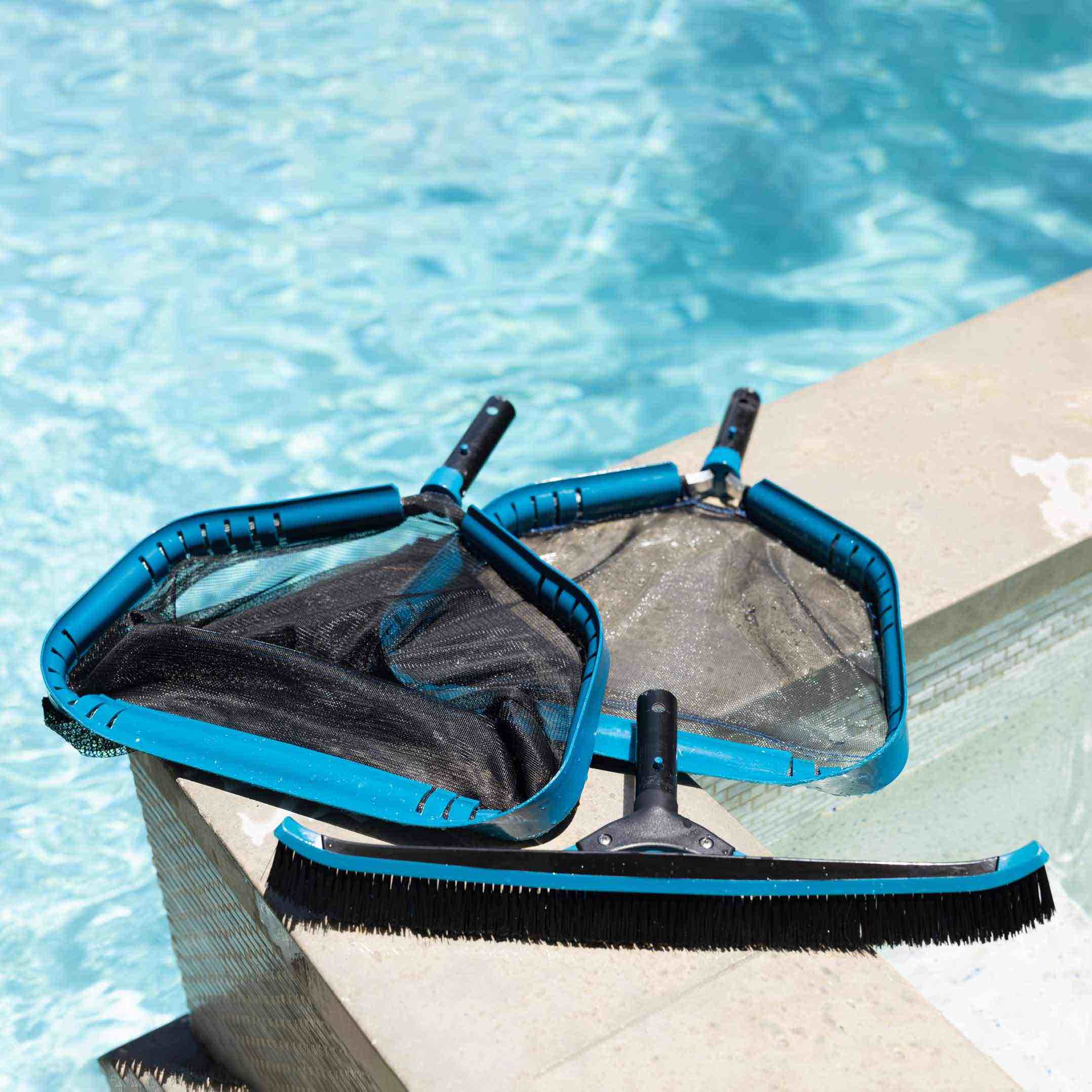 Skimmer net and brushes to clean your pool before a party