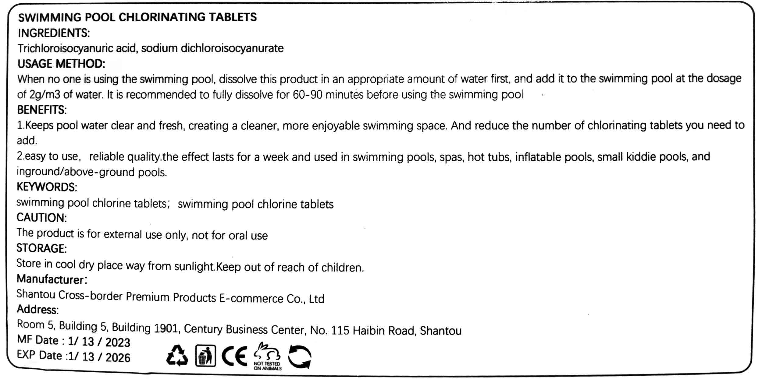 example of a chlorine tablet label that isn't registered with the EPA
