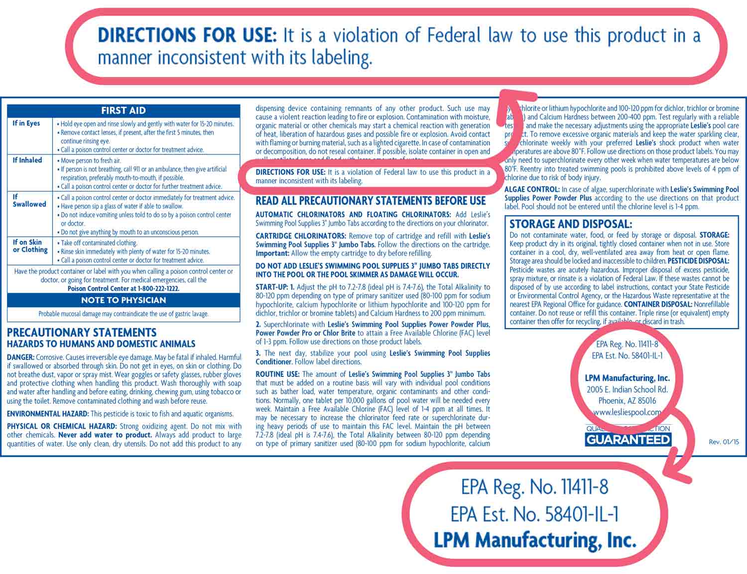 Approved and registered EPA pesticide label on Leslie's 3" Jumbo Tabs